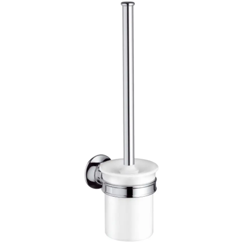 Wandmontierter Toilettenbürstenhalter von AXOR mit Chrombeschichtung und keramikfarbenem Behälter, funktional und schlicht gestaltet.